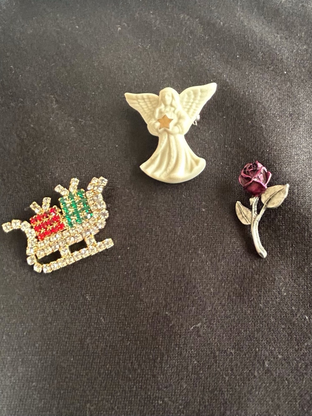 Collection of 3 Pins - Lennox Angel, Rhinestone Sleigh, and Rose